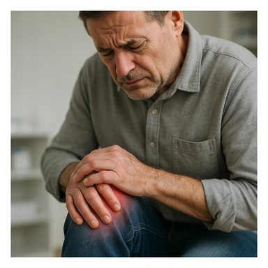 realistic image of a man with joint problems, showing discomfort in his knees or hands, medical and respectful context, no explicit details sticker