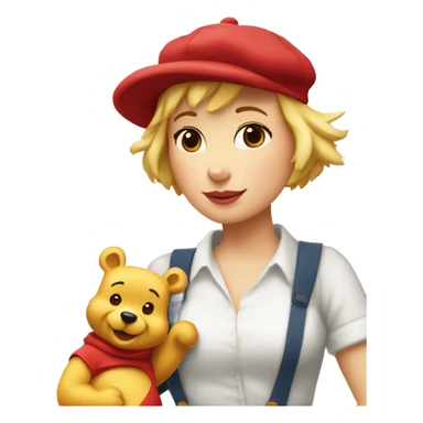 parisien style white female pooh, with red beret on head like painter and baguette in arms, and with eiffel tower in background sticker
