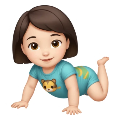 short brunette hair baby crawling on the floor with cute animal symbol clothes sticker