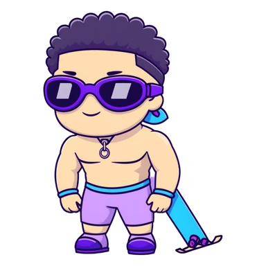shirtless male athlete with white skin and moderately curly black hair on top with shaved sides, wearing purple ski goggles with black tinted lenses, and a simple plain black chain necklace, no earrings sticker