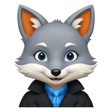 Grey anthropomorphic furry fox with a black coat, blue eyes, and a small fringe of black hair, smiling sticker