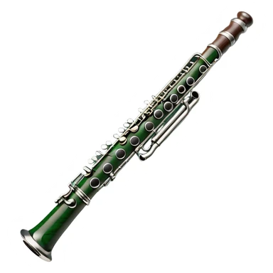 Create an elegant and refined emoji representing the Buffet Crampon Legende Green Line A clarinet. The design should showcase the sleek, dark wood finish of the clarinet with its shiny metal keys and elegant detailing. Include the distinct, high-quality features of the Green Line model, such as the unique greenish tint of the wood, giving it a modern and sophisticated look. Add subtle elements like the mouthpiece with the reed, emphasizing its importance in sound production. Use dark tones like ebony, silver for the keys, and soft light reflections to evoke a professional, classical feel. The background should be transparent. sticker
