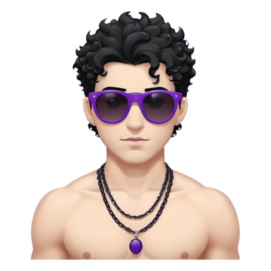 shirtless male athlete with white skin and moderately curly black hair on top with shaved sides, wearing purple sunglasses with very dark heavily tinted black lenses that completely hide the eyes, and a plain black chain necklace sticker