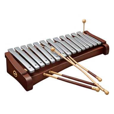 Create a detailed and professional emoji representing a Fleet FLT-SX37 long orchestral wooden xylophone. The design should showcase the large wooden bars of the xylophone, arranged in a traditional setup, with soft metallic accents on the mallets. The bars should have a rich wood texture, with polished details to reflect the quality of the instrument. The mallets should be held above the bars, with the heads clearly visible. Use warm, rich wood tones like mahogany and light brown, with silver or metallic accents for the mallets. Add subtle musical notes floating above the xylophone to emphasize its melodic sound. The background should be transparent. sticker