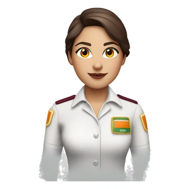 brunette green eyes cabin crew member in white shirt and burgundy uniform with orange inserts sticker