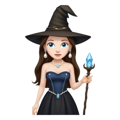 woman brunette, very large breasts, pale skin, blue eyes, long brown hair, black strapless dress, witch hat, pearl earrings, smirking, in black heels, standing, head to toe, full body, zoomed out, entire outfit visible sticker