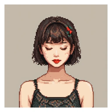 A young Asian woman with short, dark brown hair with bangs, neutral facial expression, closed eyes, vibrant red lips, light beige skin tone, close-up portrait, plain white background, cartoon-like and stylized, bright and saturated colors, even and flat lighting, neutral atmosphere, pixel art style. sticker