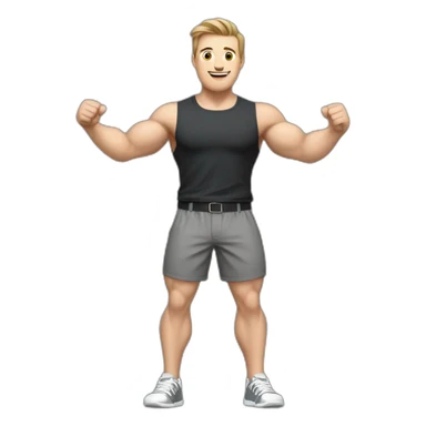 To belt Actively gesturing with hands Pale skinned Fit Man With the biceps and light brown hair in dark gray Sleeveless Mike, black oversize sports shorts and white Sneakers sticker