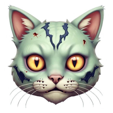 zombie cat portrait, head and shoulders only, pale fur, cracked skin patches, eerie glowing eyes, mischievous undead vibe, 3D cartoon, mobile game icon style, clean background, no text, no watermark
 sticker
