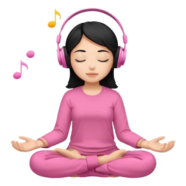 Chica de pelo negros con los ojos cerrados escuchando musica en audifonos y con camisa rosa mientras medita sticker