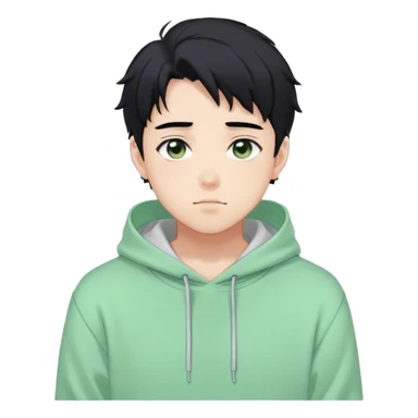 Gorgeous pastel green sweater black hair anime style shojo guy with blushing face and, hoodie, aesthetic, young adult, trending style, outside, vedal987 sticker