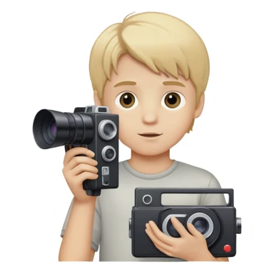 boy with medium blonde hair holding a VHS camera sticker
