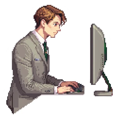 hombre con vestimenta semi-formal, de perfil, frente a una computadora en una mesa sencilla sticker