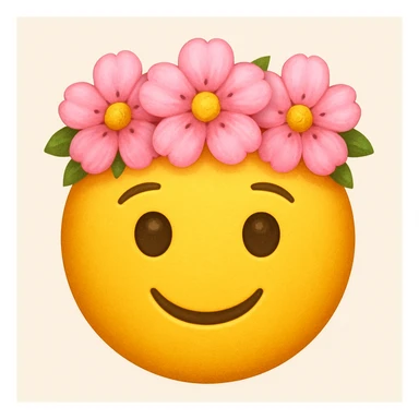 yellow face with pink flower crown emoji, digital illustration sticker