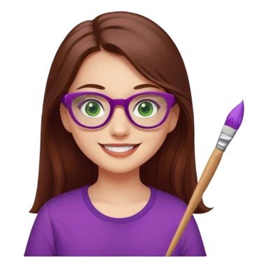 Girl, red shirt, long brown hair, green eyes, purple glasses, smiling with a paint brush. sticker