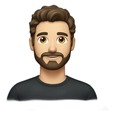 White man with a sun kissed tan and blue eyes. His hair is dark brown, styled sideways backwards. He has a beard and mustache trimmed. Wears s black t-shirt. sticker