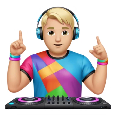 blond big man in colorful dj outfit pointing next to him sticker