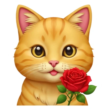Cute emoji-style yellow tabby cat holding a red rose in its mouth, big round eyes, fluffy fur, clean mascot style, centered, transparent background, 1:1 ratio. sticker