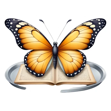 A butterfly balanced on a silver tray of old letters.
 sticker