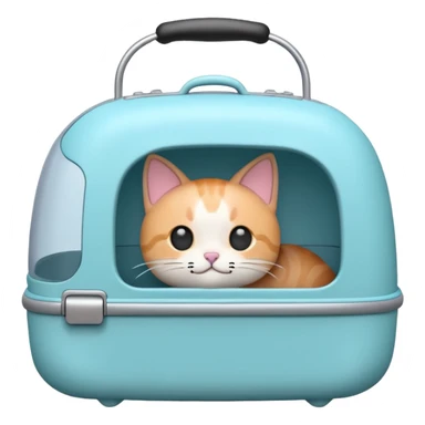 A cute emoji-style cat carrier — rounded, soft edges, cartoon-like design, pastel colors, with a small handle on top and tiny ventilation holes on the side. Simple, minimal details, high contrast, clean outline. sticker