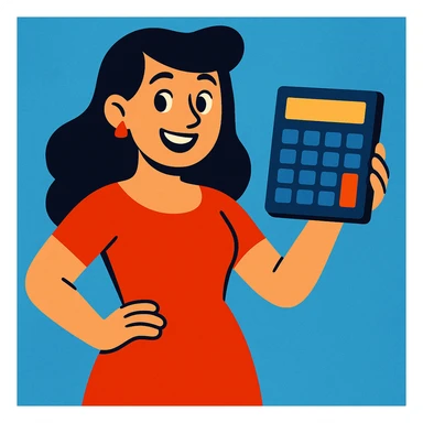 woman in a red dress holding a calculator, vibrant and clear sticker