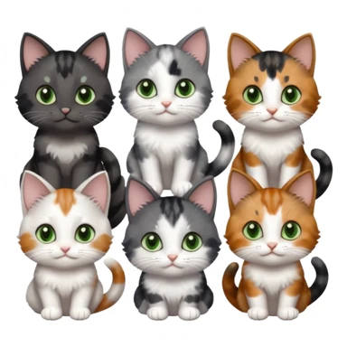 6 different coloured small cats including a dark grey and white, and a patchy calico, and a brown tabby and white,  and a completely solid dark grey with green eyes and only white paws sticker