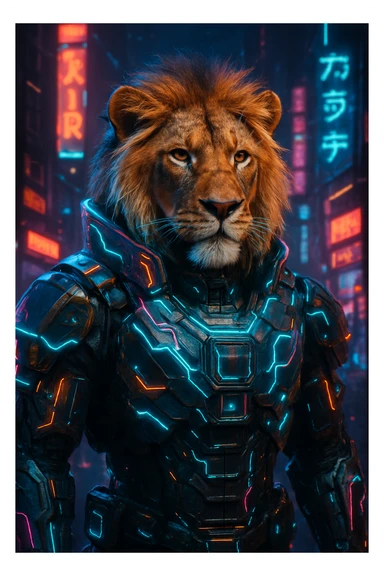 a lion in a cyberpunk suit with holographic elements and high-tech armor, futuristic cyberpunk design sticker