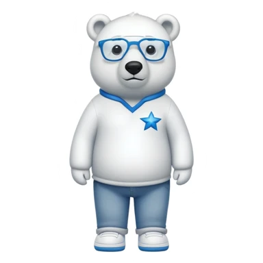 friendly anthropomorphised polar bear standing upright, looking chilled and unbothered, wearing a shirt, jeans, trainers, star-shaped glasses sticker