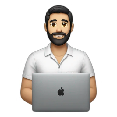 man with black hair, brown eyes, a fine beard, wearing a f1-shirt working with a macbook sticker