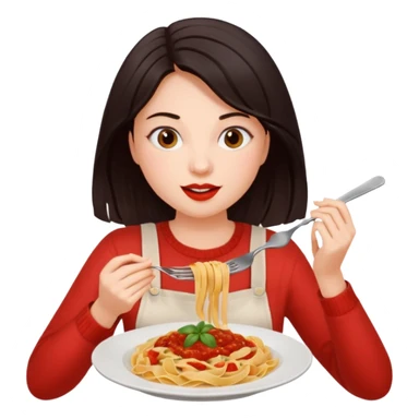 chica joven piel clara y pelo oscuro comiendo un plato de pasta sticker