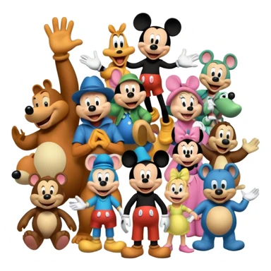Colorful icon for Animated Movies: A vibrant collage featuring iconic characters like Goofy, Mickey Mouse, Franco, Masha and the Bear and Luntik. Each character should be large and bright, set against a cheerful and playful background of Disneyland. Transparent background. sticker