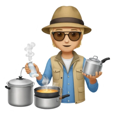 A blonde man camper boiling water on a portable stove, enjoying the outdoor sticker