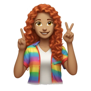 a white girl with long red curly hair in a pony tail with rainbow shirt does peace sign  sticker