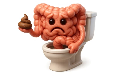 emoji stile iphone di un intestino realistico 3d che esce dal wc con in mano una montagnetta di feci con espressione triste a palline, iperrealistico 4k sticker