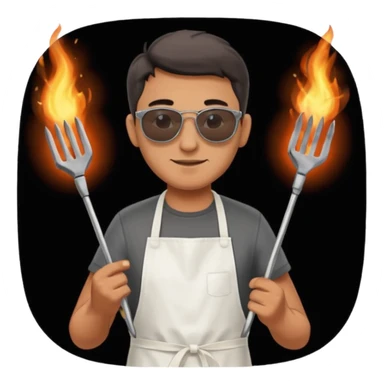 A guy in sunglasses holding tongs, proudly turning skewers over glowing charcoal. sticker