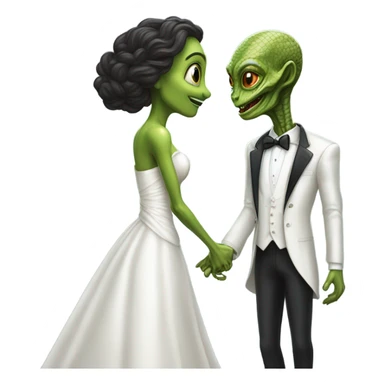 Alien reprilian woman in wedding dress and one man in a tuxedo holding hands getting married sticker