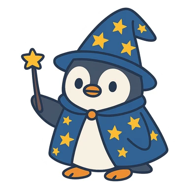 flat toon style penguin wizard with starry hat sticker