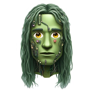 Olive green long hair man cyborg head with circuits sticker