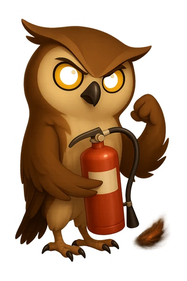 Точно такая же картинка и поза, только в другом крыле сова держит огнетушитель, хвост совы слегка подгорел и от него идет дымок, прозрачный sticker