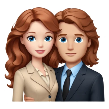 Barbie girl  , eyes blue , Chestnut red long wavy hair In pale beige clothes, Hugs a man with brown hair, brown eyes , and a black suit sticker