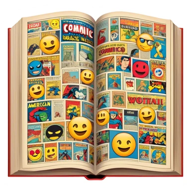 detailed and vintage-inspired emoji representing comic magazines and graphic novels as a storytelling art form. a large, open comic magazine with pages filled with classic American comic book panels. classic feel of old-school comic books a graphic novel. background transparent sticker