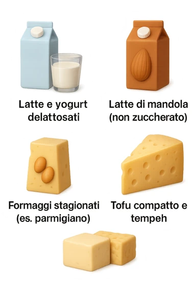 emoji stile iphone 3d di questi elementi che fluttuano in aria:

Latte e yogurt delattosati
Latte di mandorla (non zuccherato)
Latte di soia da proteine isolate
Formaggi stagionati (es. parmigiano)
Tofu compatto e tempeh
 che fluttuano in aria,  le etichette scrivile in italiano, iperealistico 4k sticker