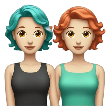 Two white women holding hands, one with medium length red hair, one with short teal hair sticker