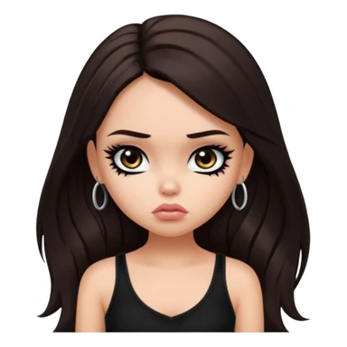 generate a pretty fair bratz girl with long dark brown hair looking sad. Wearing a black cami sticker