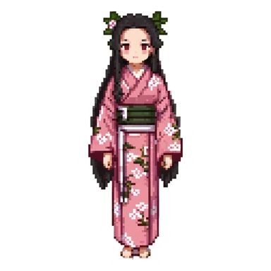 Nezuko Kamado from Demon Slayer, pixel art style, pink kimono, bamboo muzzle, long black hair with orange tips, simplified details sticker