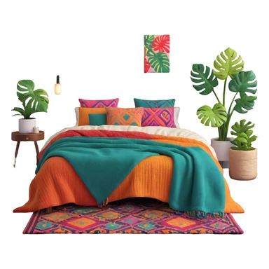 modern boho bedroom with monstera plants, colorful textured rugs, and piles of cozy blankets sticker