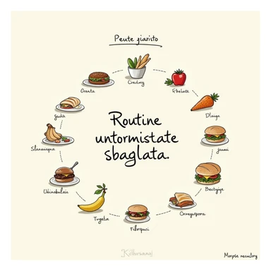 Illustrazione didattica: calendario settimanale con icone di cibi poco sani ripetuti ogni giorno, testo in italiano: 'Routine alimentare sbagliata'. sticker