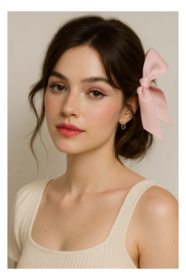 modern coquette woman with soft makeup, pink bow in hair, light background, stylish and fresh sticker