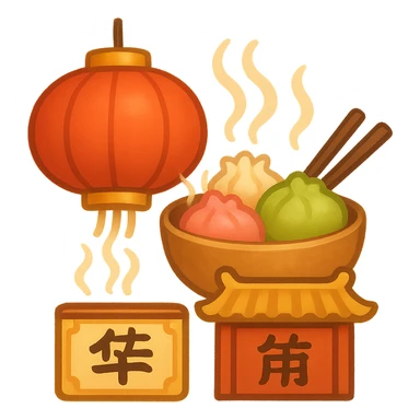 cute and appetizing emoji symbolizing a Chinese restaurant, featuring a traditional Chinese red lantern, chopsticks and bowl, steaming dim sum, and a restaurant sign with Chinese-style decorations sticker