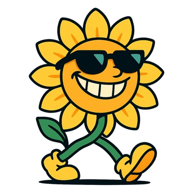 bright pastel yellow sunflower with large sunglasses, grinning proudly while strutting, round body, exaggerated confident face, vibrant toon style sticker